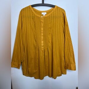 J Jill Mustard Yellow Gold Blouse XL Petite A Line Long Sleeves Button Front EUC